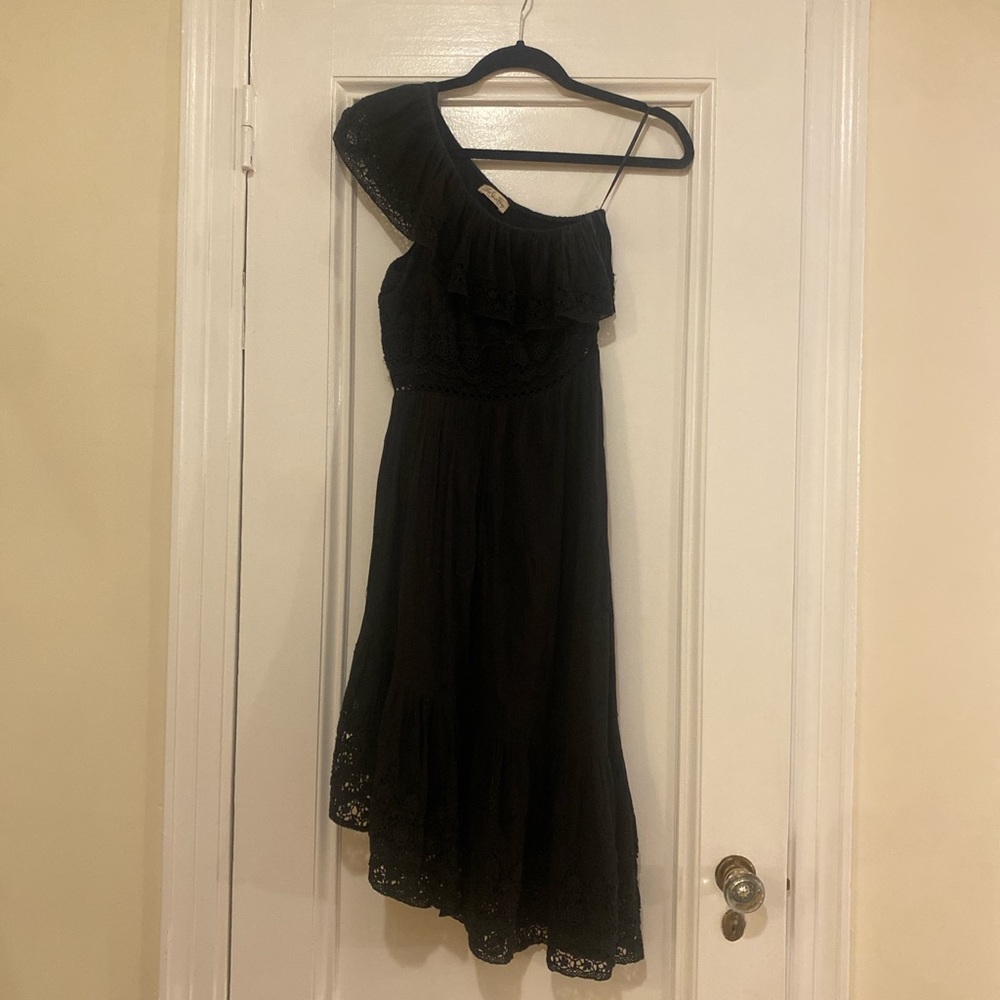 LoveShackFancy one shoulder black cotton embroidered dress w ruffled hem
